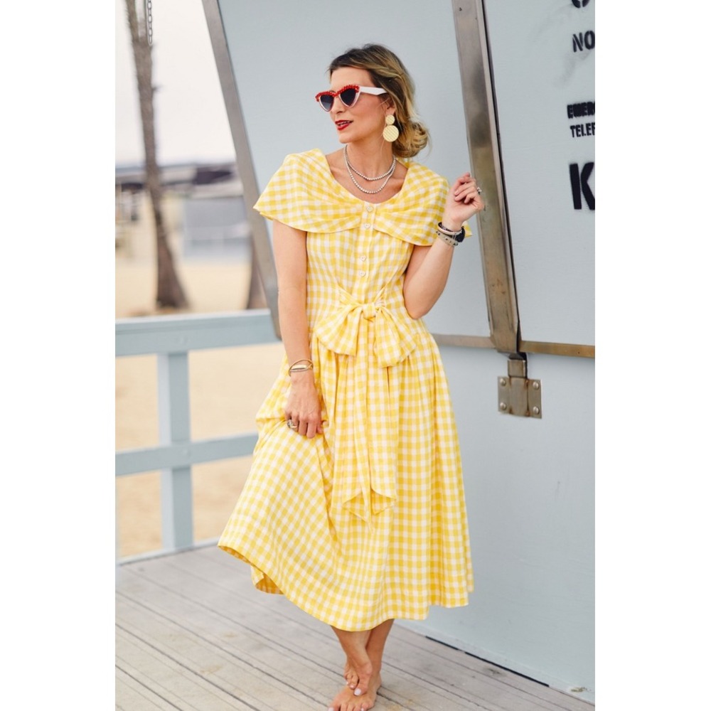BURU Yellow Gingham Midi Dress with Bow Waist